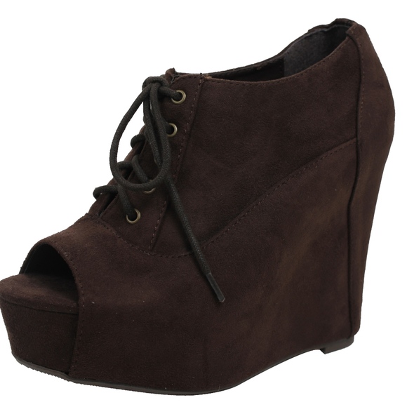 Shoes - Brown Faux Suede Peep Toe Lace Up Platform Wedge